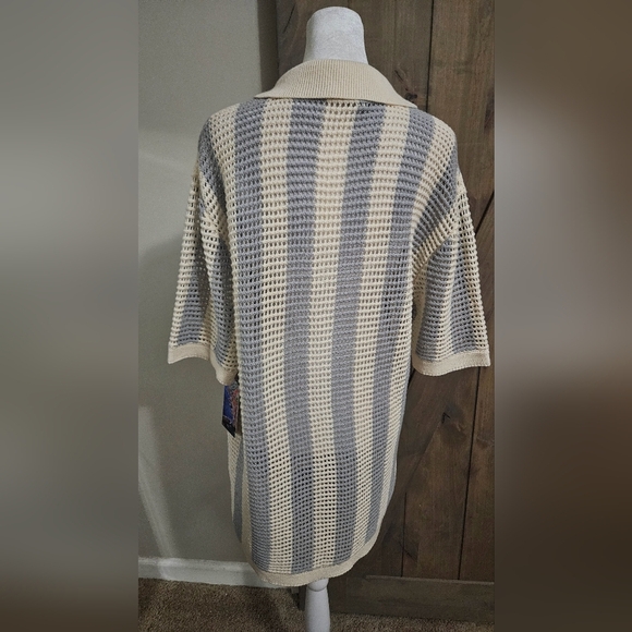 MASSIVE LUXURY Crochet OpenKnit ShortSleeve Button Shirt.Blue/cream Stripe L NWT - Picture 10 of 12